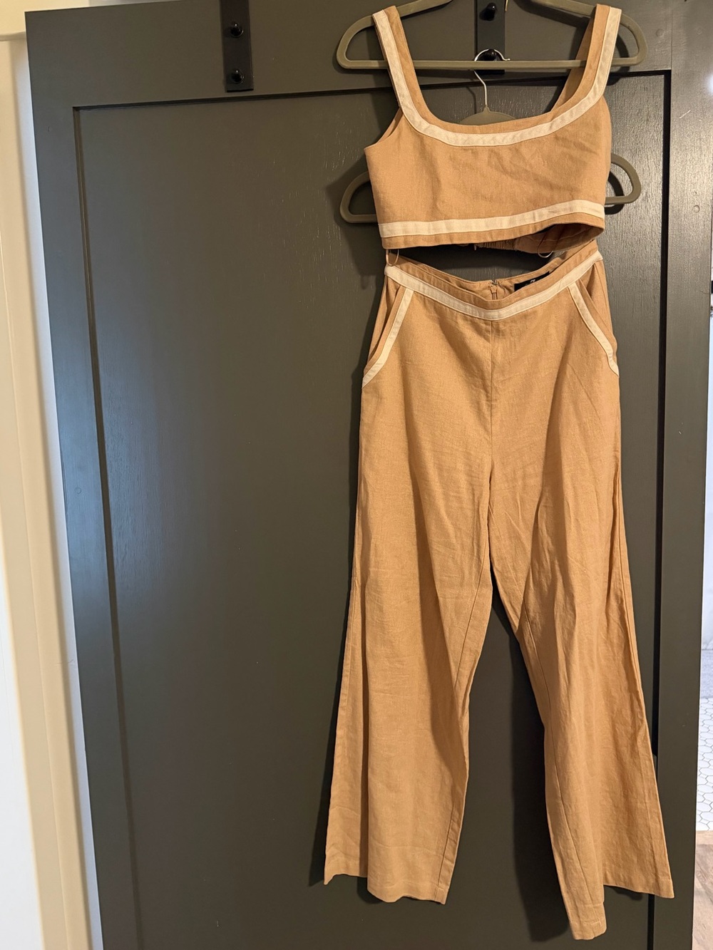 High-Waist Wide Leg Crop Tank Linen Jumpsuit Set - Tan